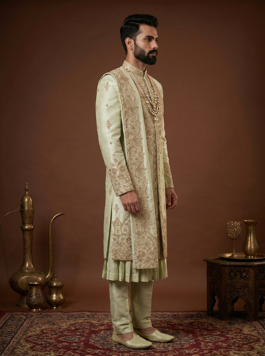 Silk Pista Sherwani With Hand Embroidery