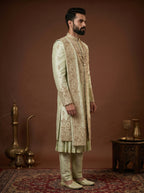 Silk Pista Sherwani With Hand Embroidery