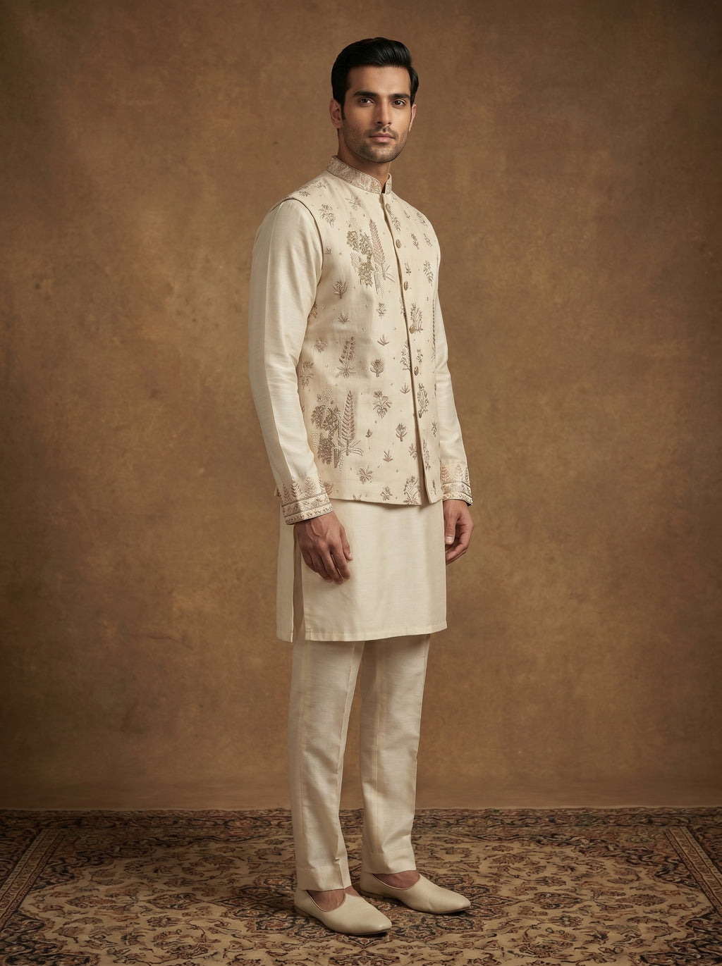 Hand Embroidered Silk Kurta Pajama Waistcoat Set