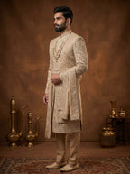 Silk Champagne Gold Sherwani With Hand Embroidery