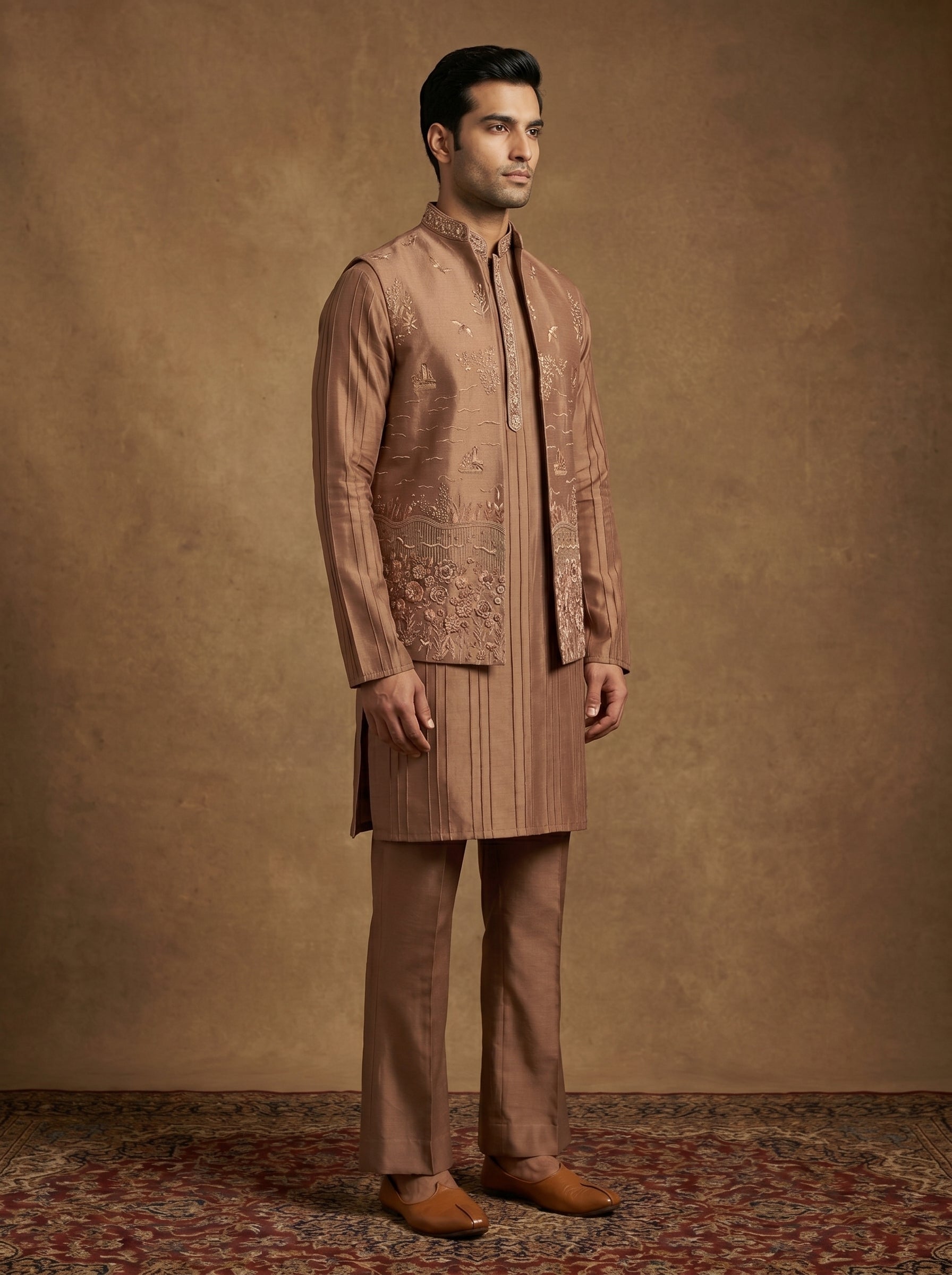 Hand Embroidered Silk Kurta Pajama Waistcoat Set
