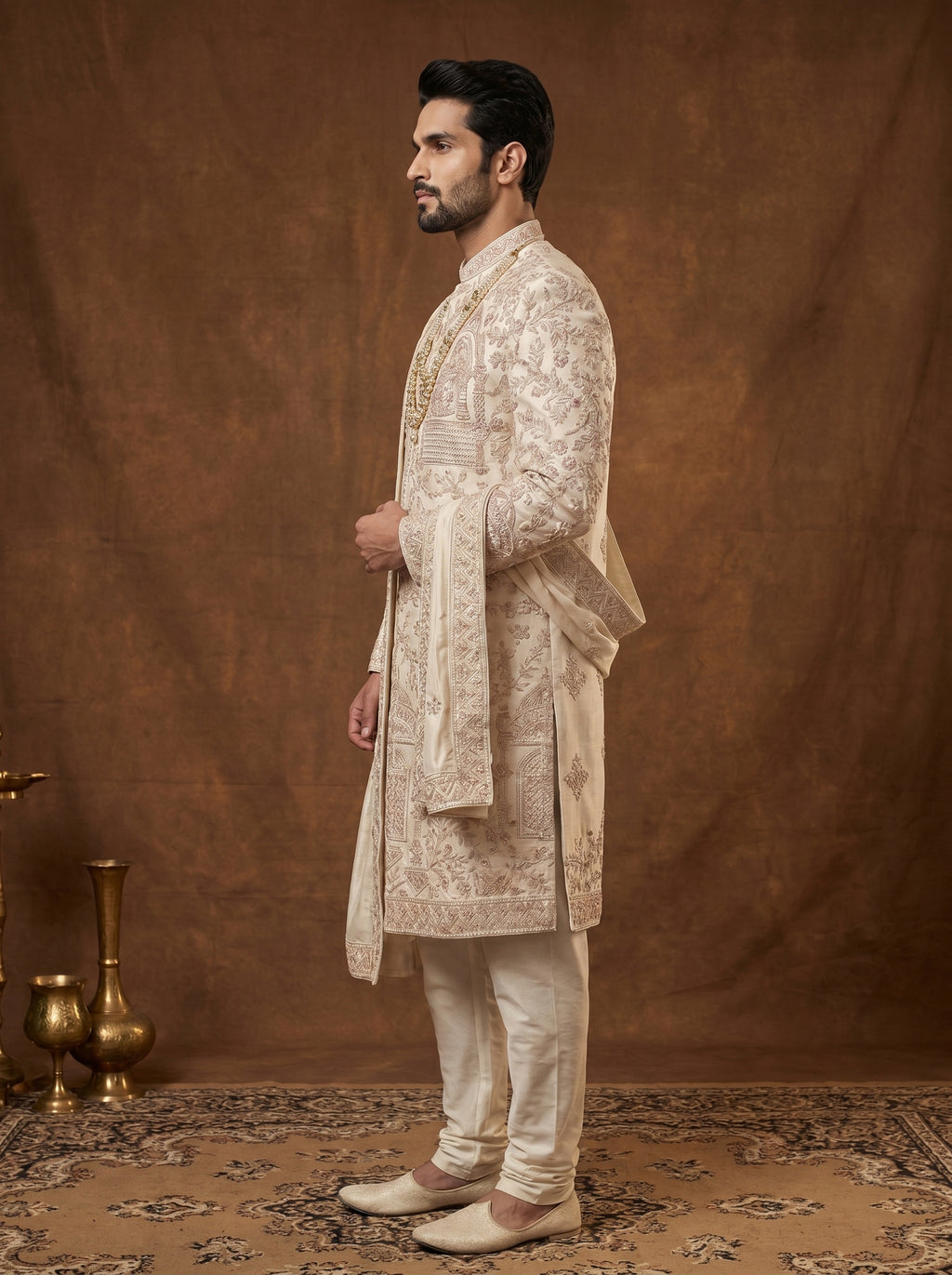 Silk Beige Sherwani With Hand Embroidery