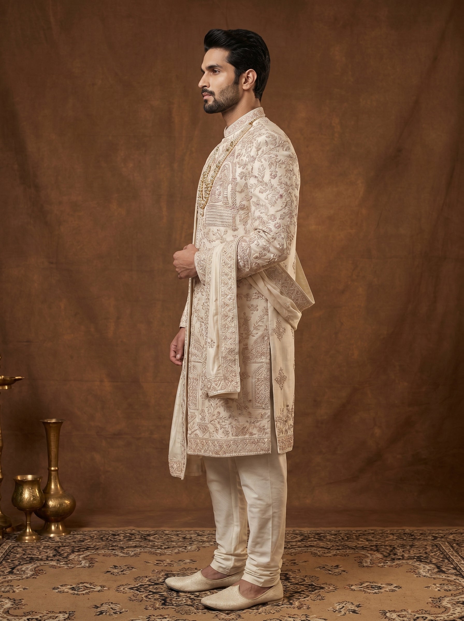 Silk Beige Sherwani With Hand Embroidery