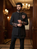 Black thread embroidered front open jodhpuri