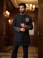 Black thread embroidered front open jodhpuri