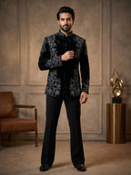 Black velvet handwork front open jodhpuri with V jacket