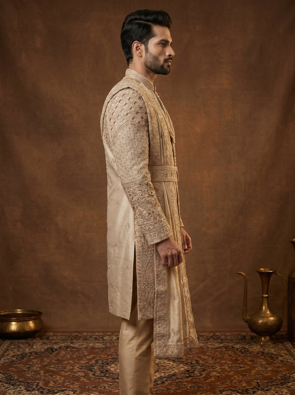 Silk Beige Gold Sherwani With Hand Embroidery