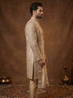 Silk Beige Gold Sherwani With Hand Embroidery