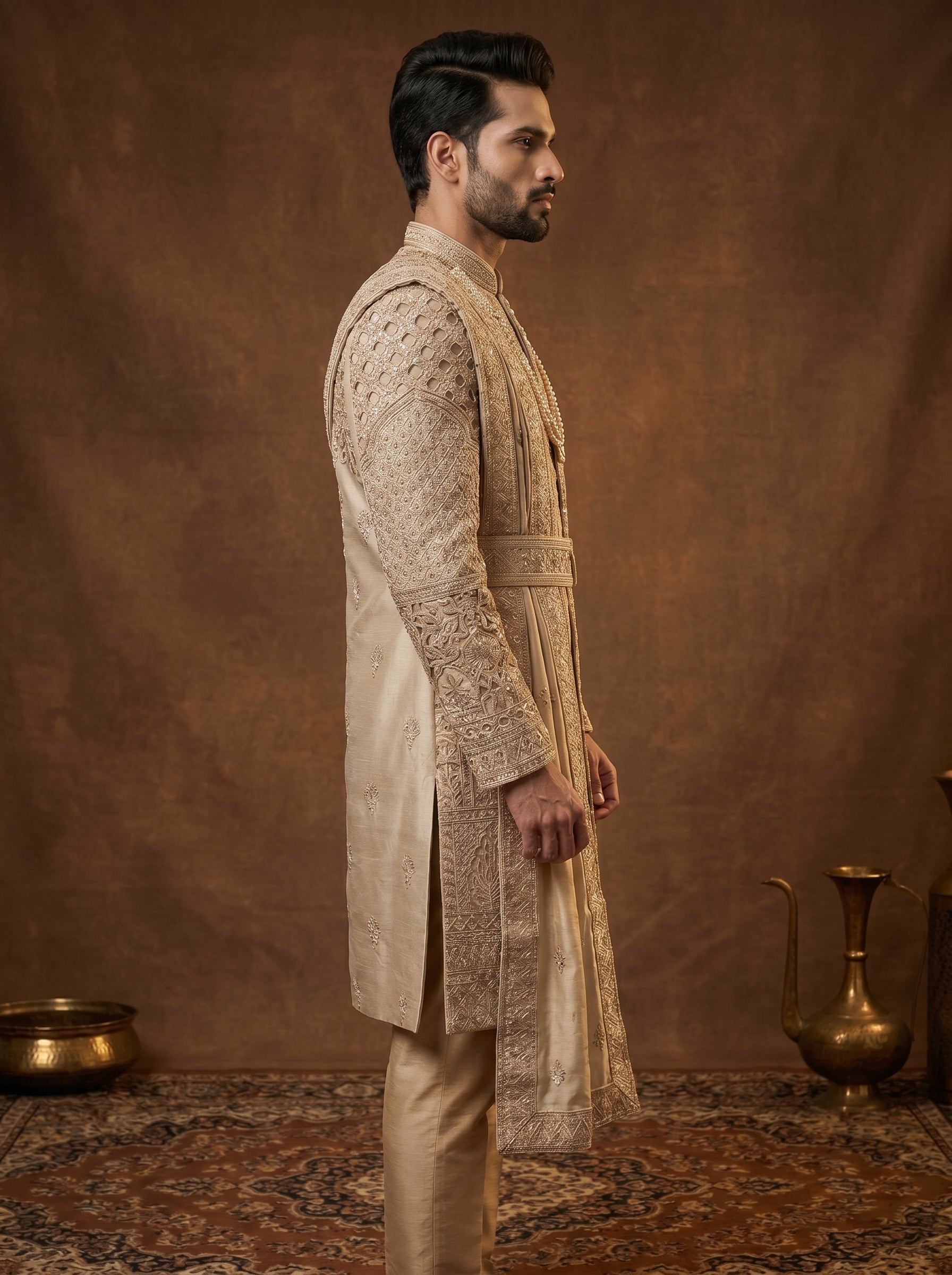 Silk Beige Gold Sherwani With Hand Embroidery