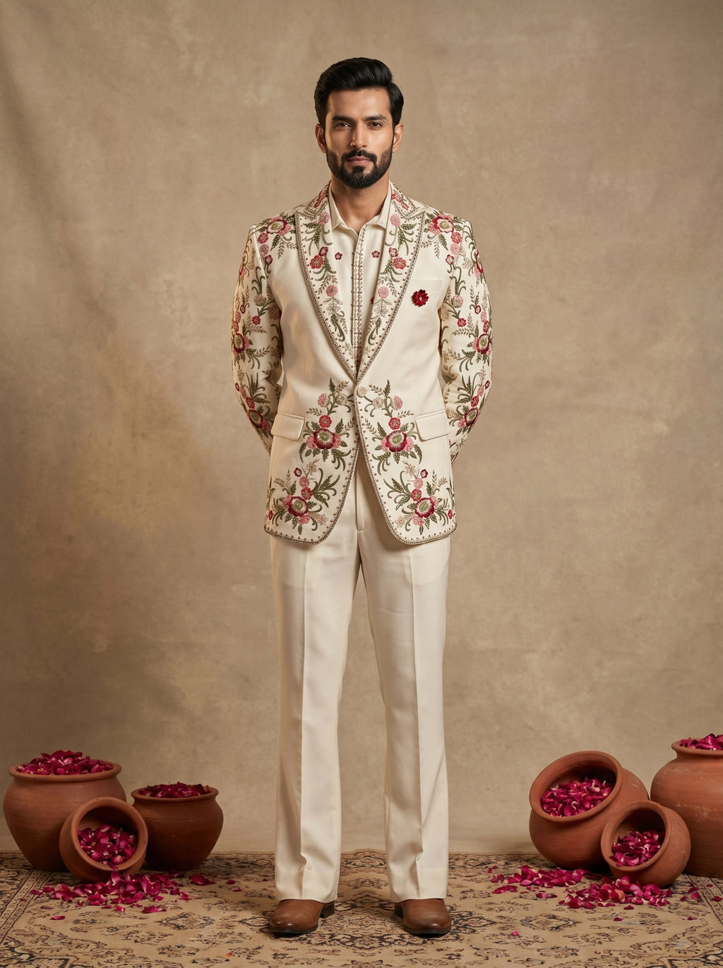 Cream Japanese Hand Embroidered Suit