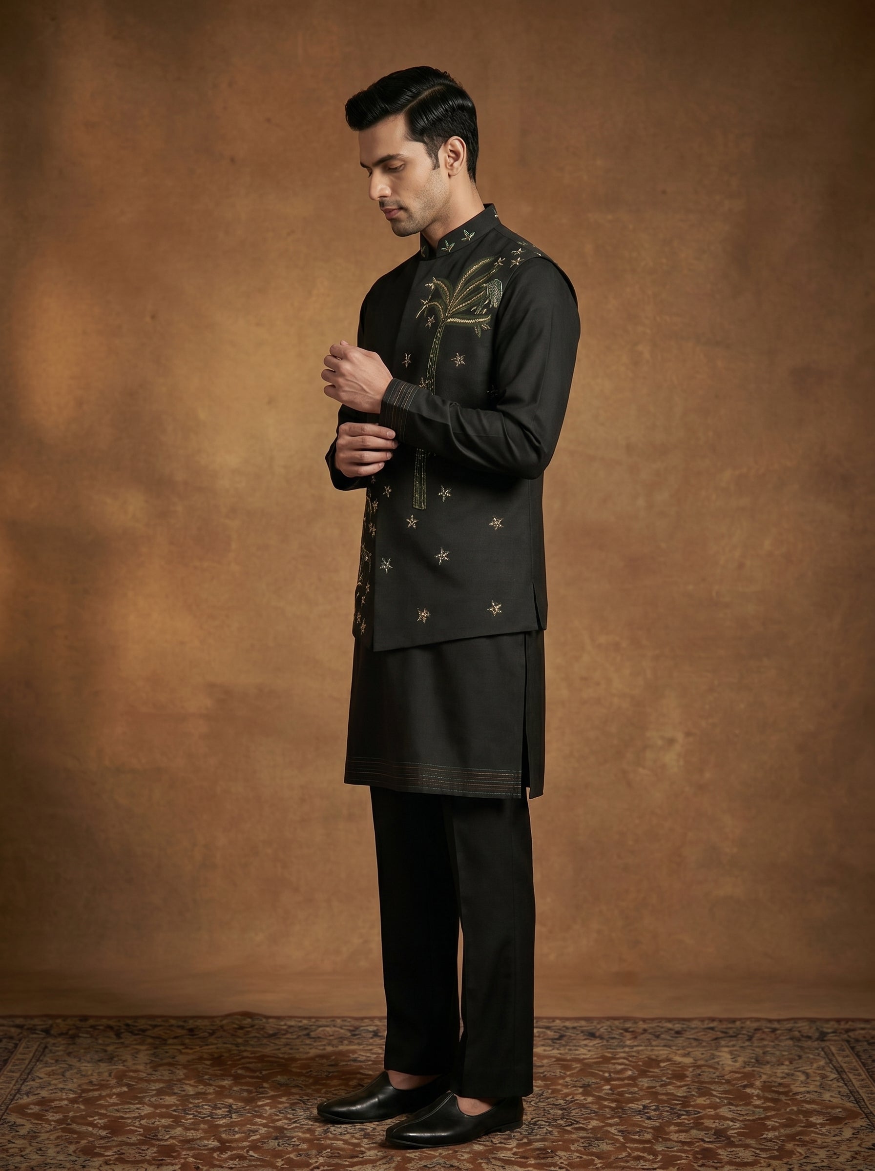 Hand Embroidered Silk Kurta Pajama Waistcoat Set
