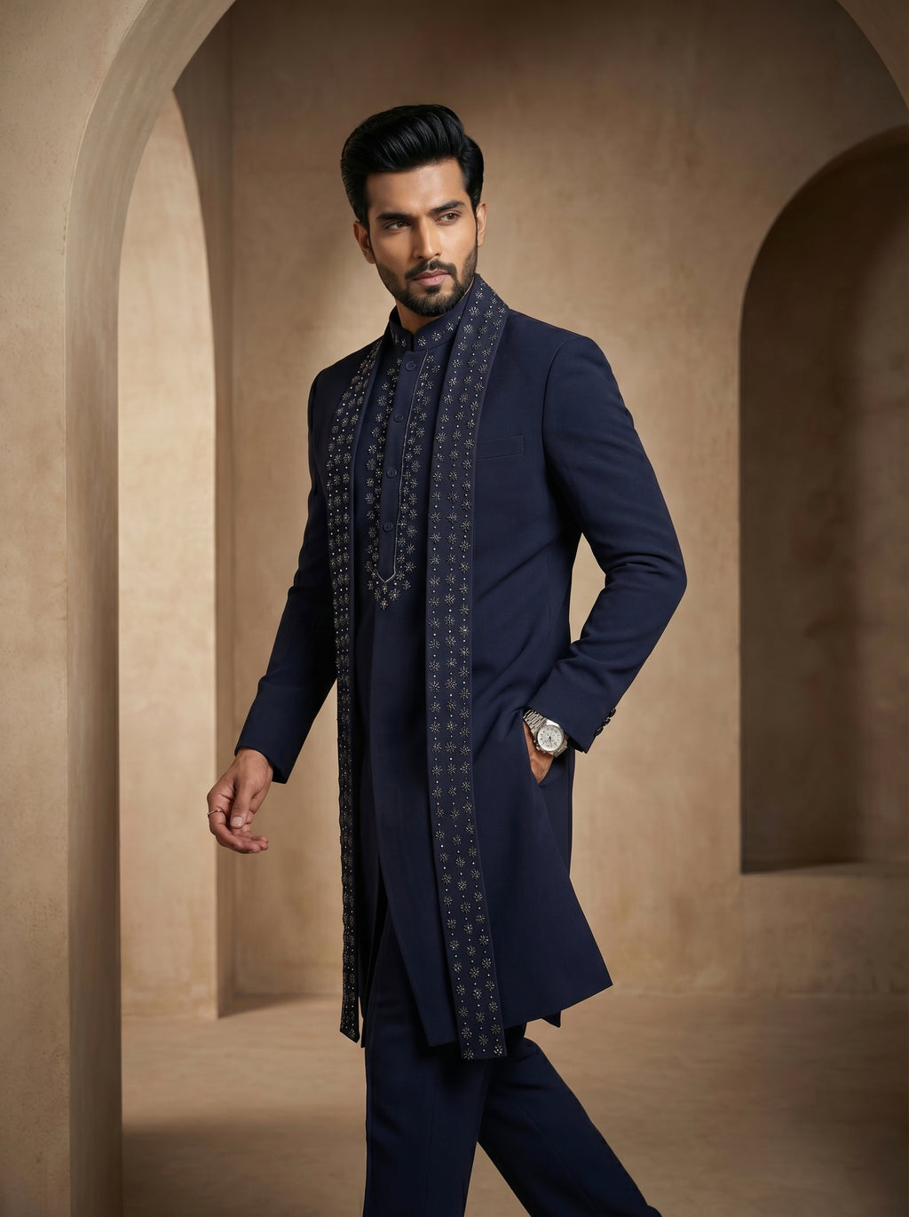 Blue hand Embroidered Indo Western