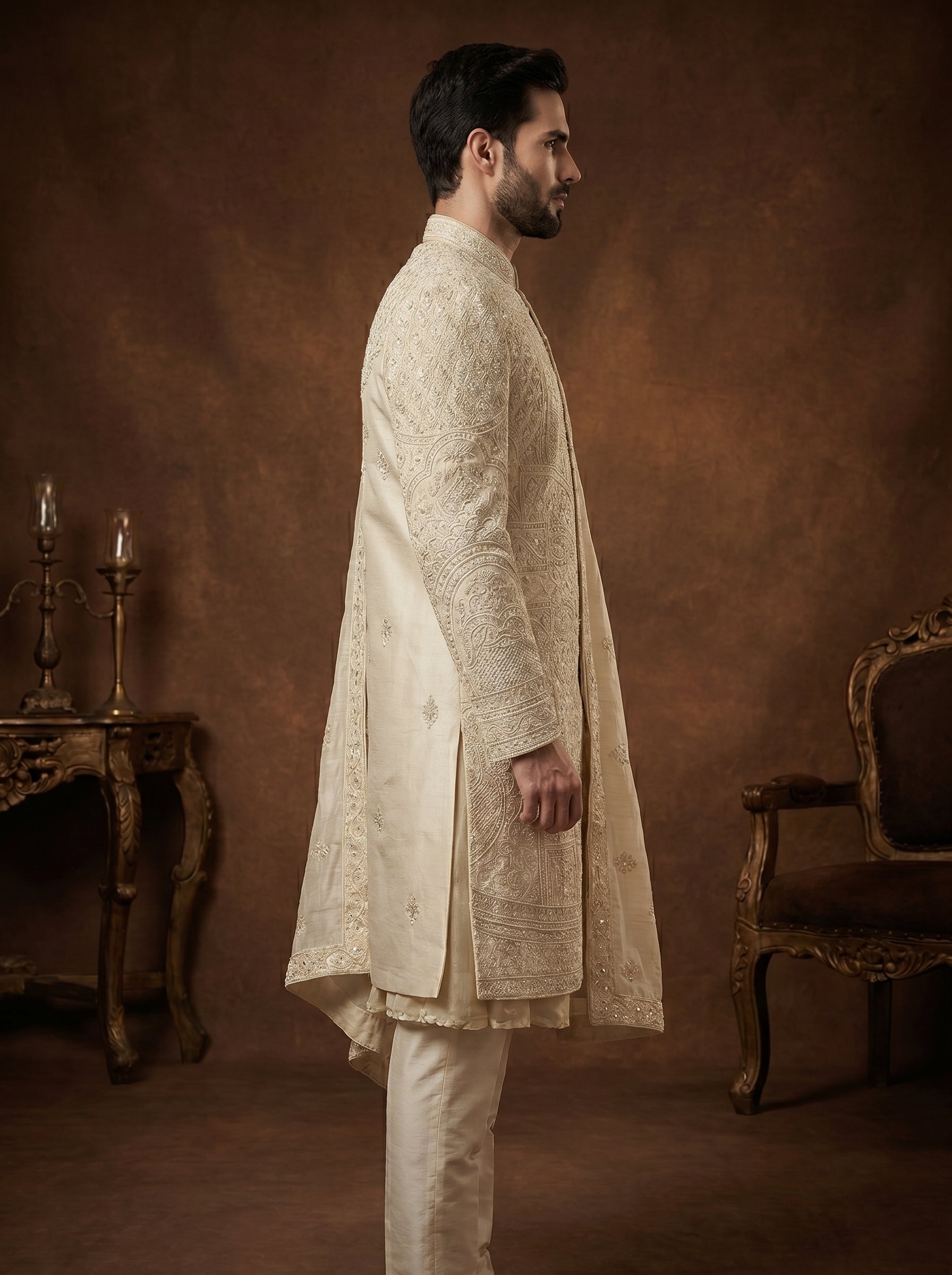 Beige Silk Sherwani With Hand Embroidery