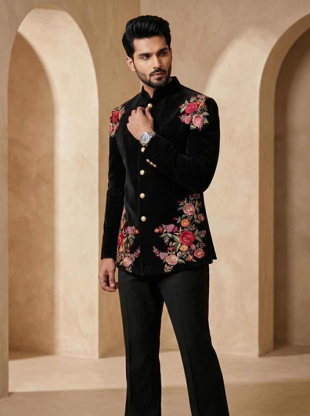 Black multi color thread work bandgala