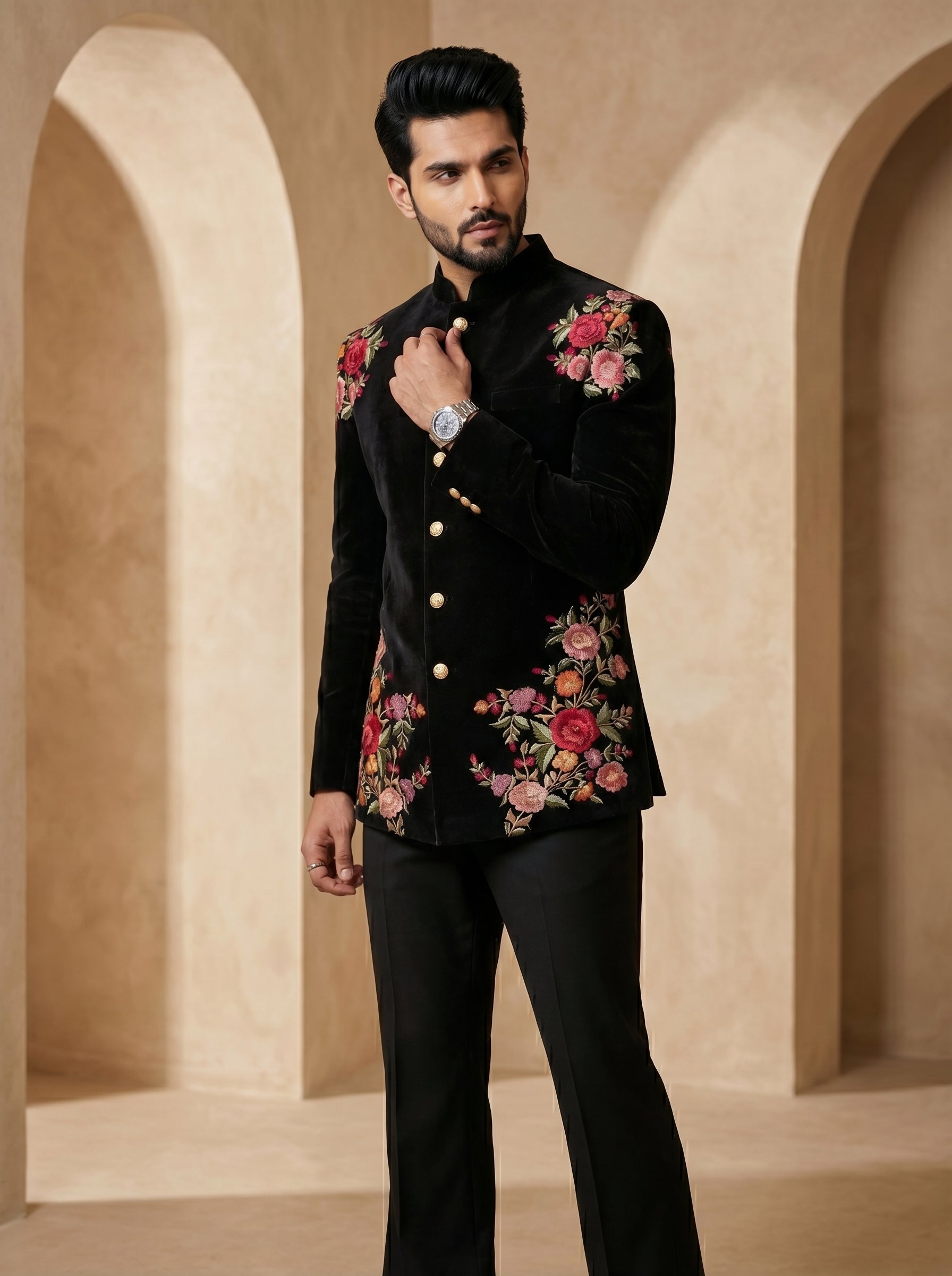 Black multi color thread work bandgala