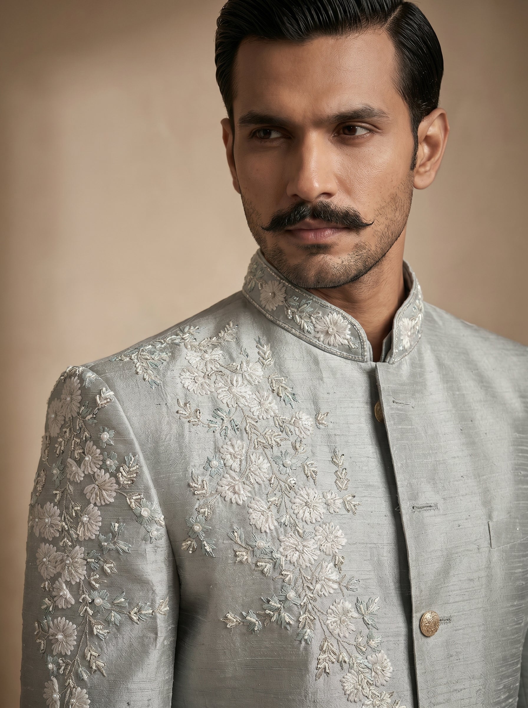Raw silk hand embroidered bandgala