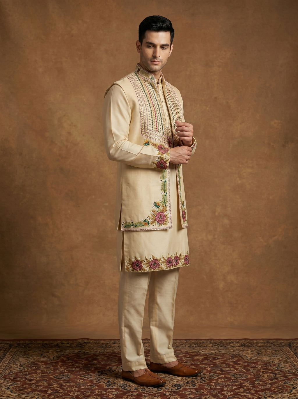 Hand Embroidered Silk Kurta Pajama Waistcoat Set