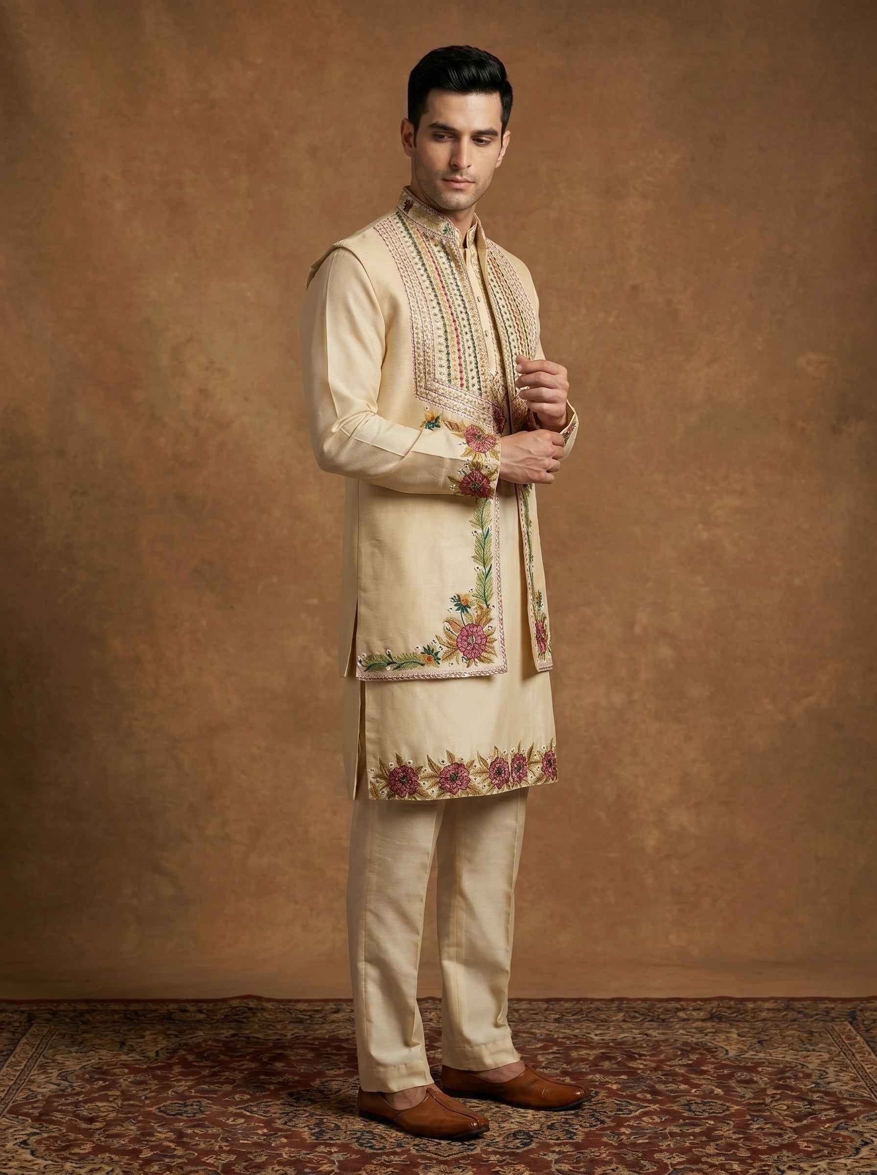 Hand Embroidered Silk Kurta Pajama Waistcoat Set