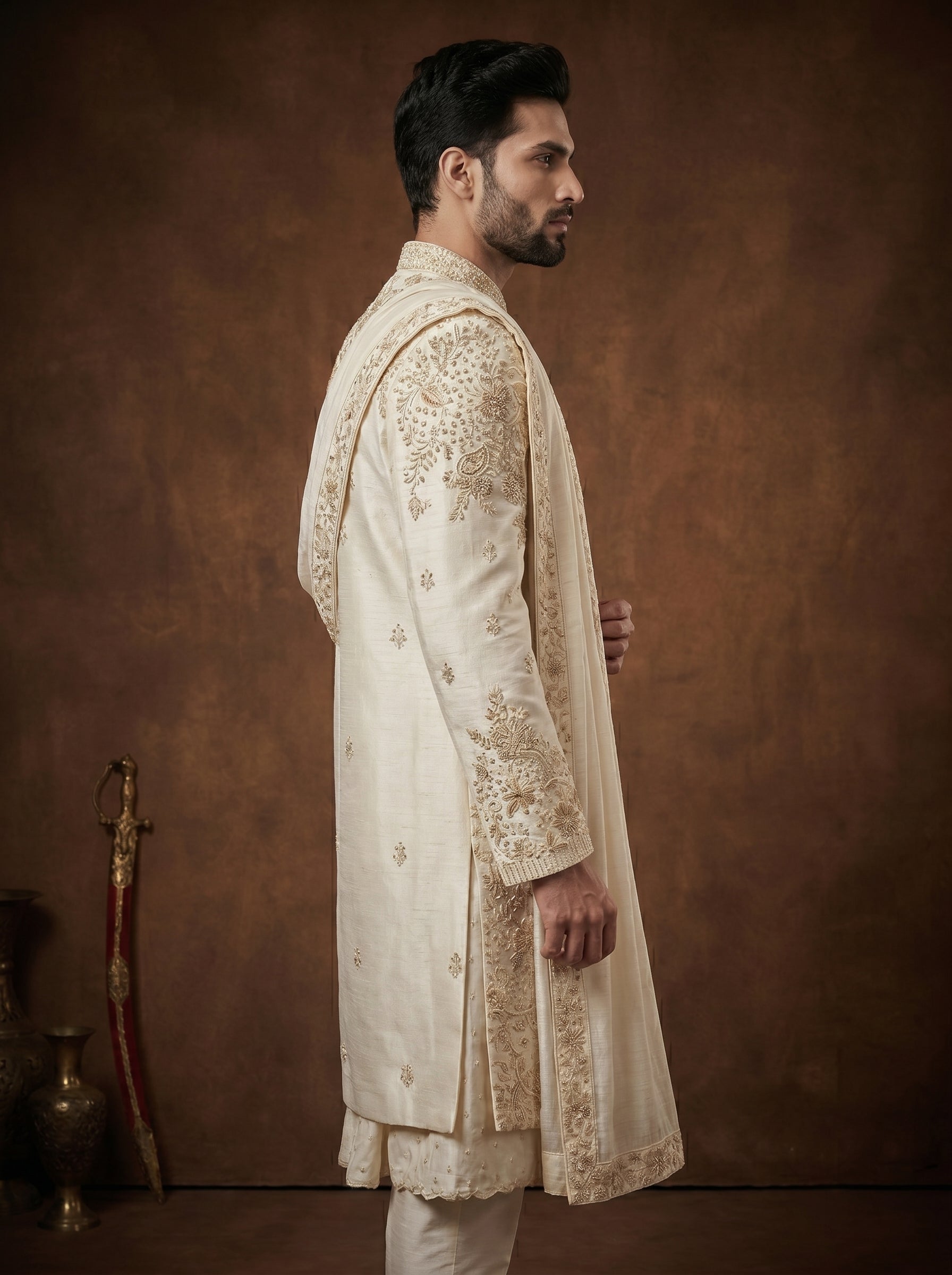 Ivory Silk Sherwani With Hand Embroidery