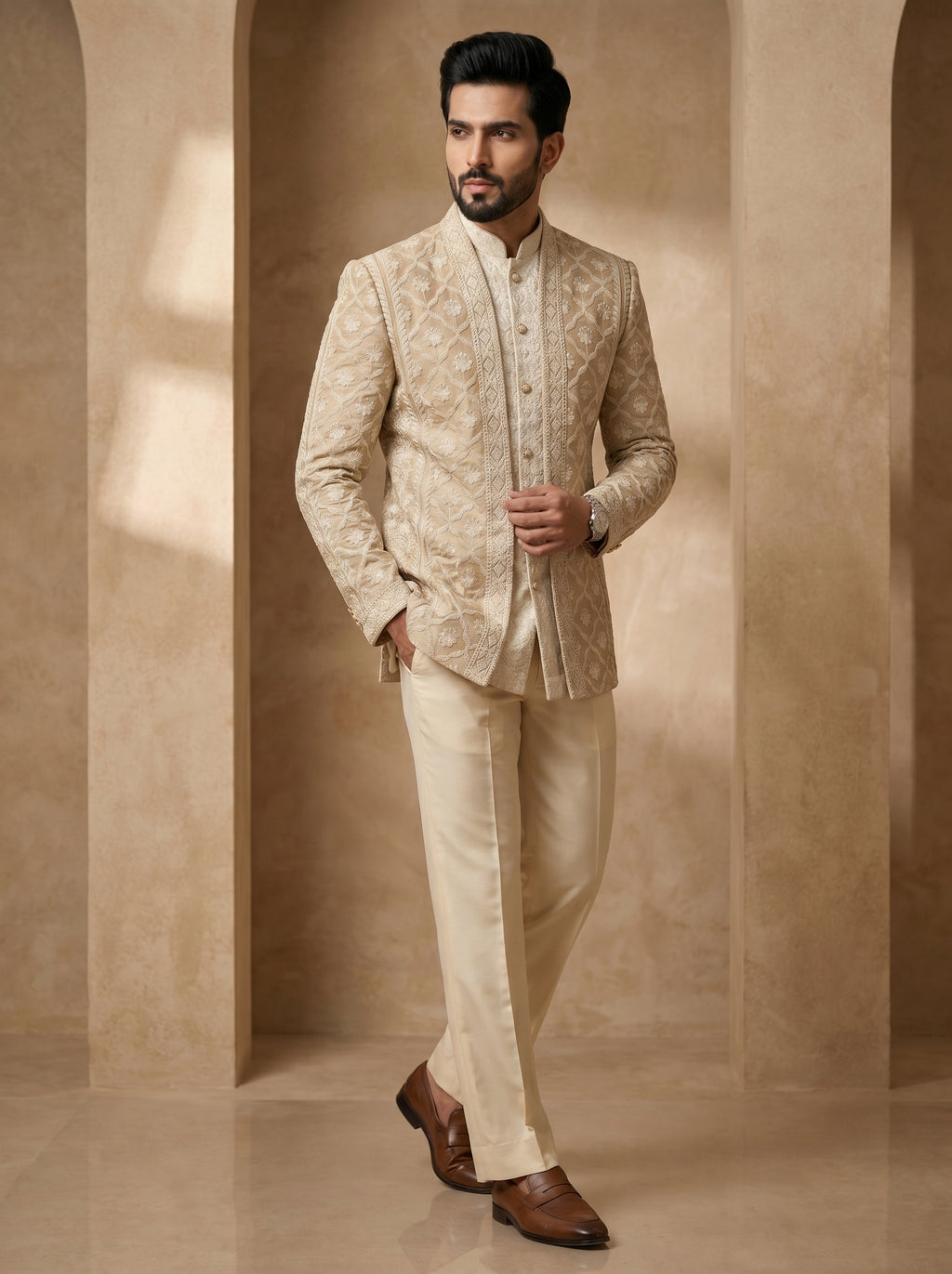 Nude color thread embroidered indo western