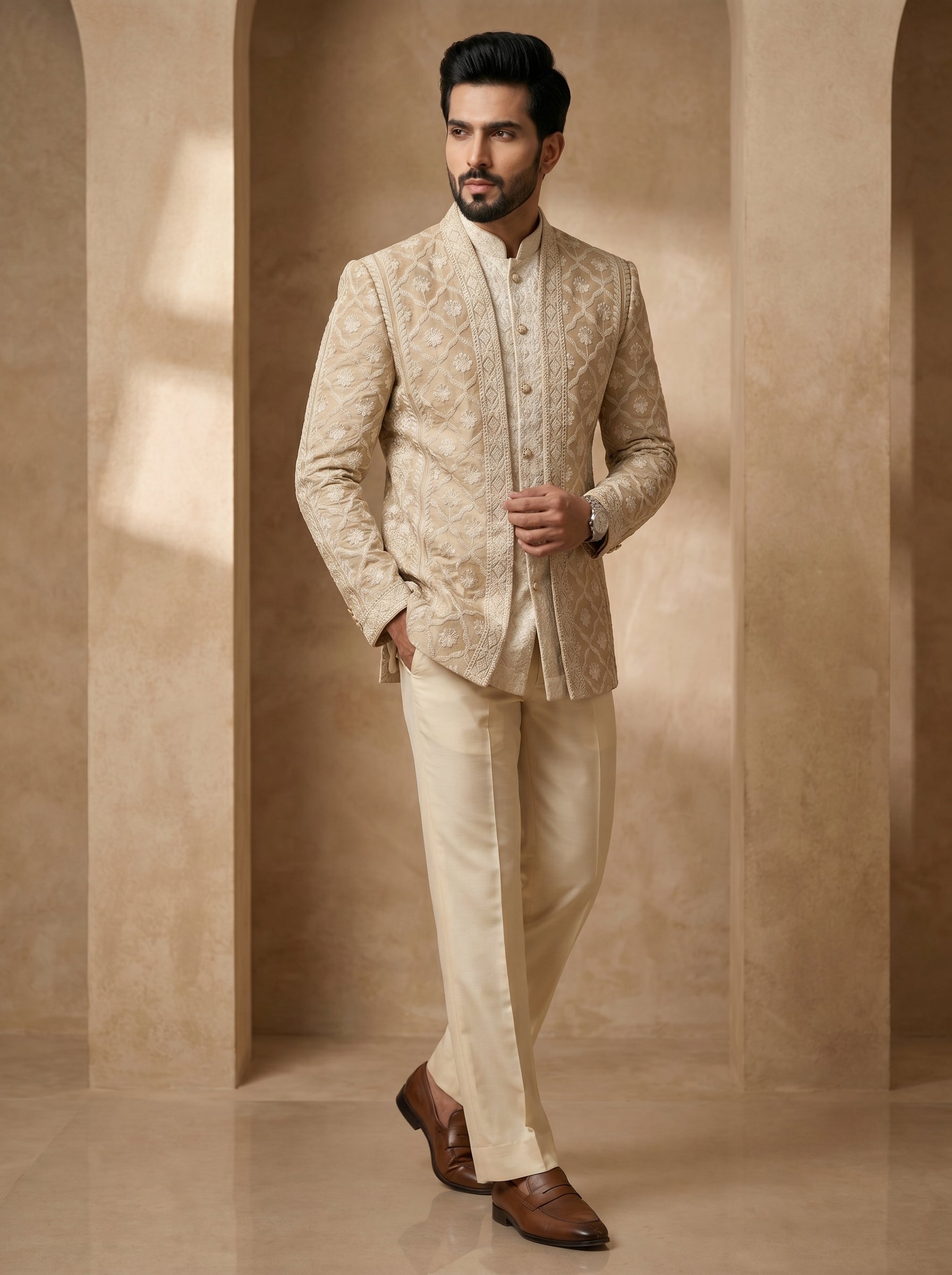 Nude color thread embroidered indo western