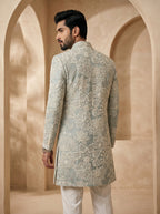 Powder blue thread embroidered indo western