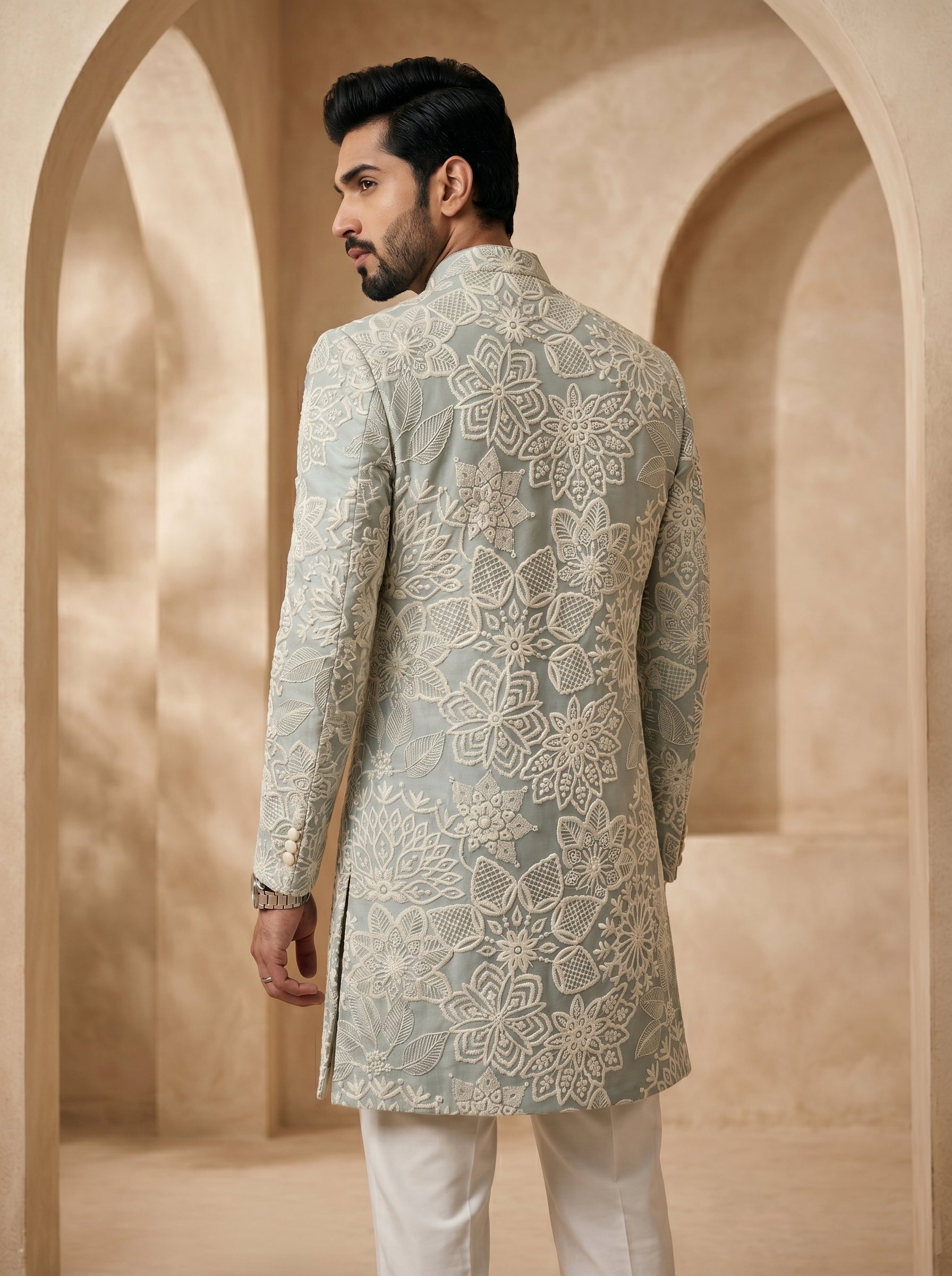 Powder blue thread embroidered indo western