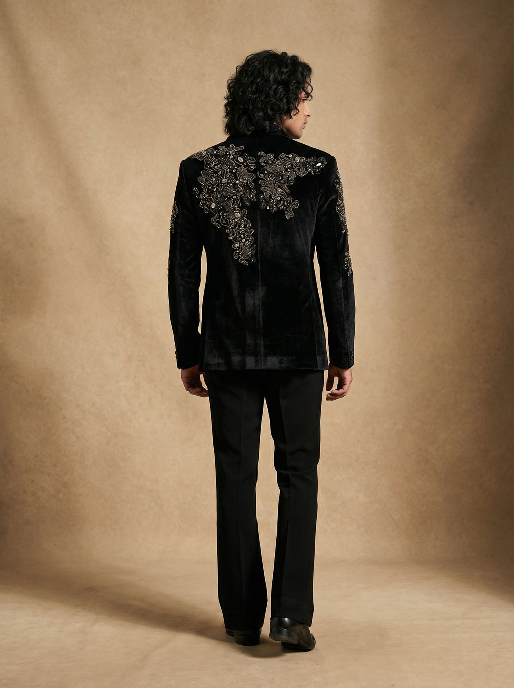 Velvet hand embroidered tuxedo with gemstone