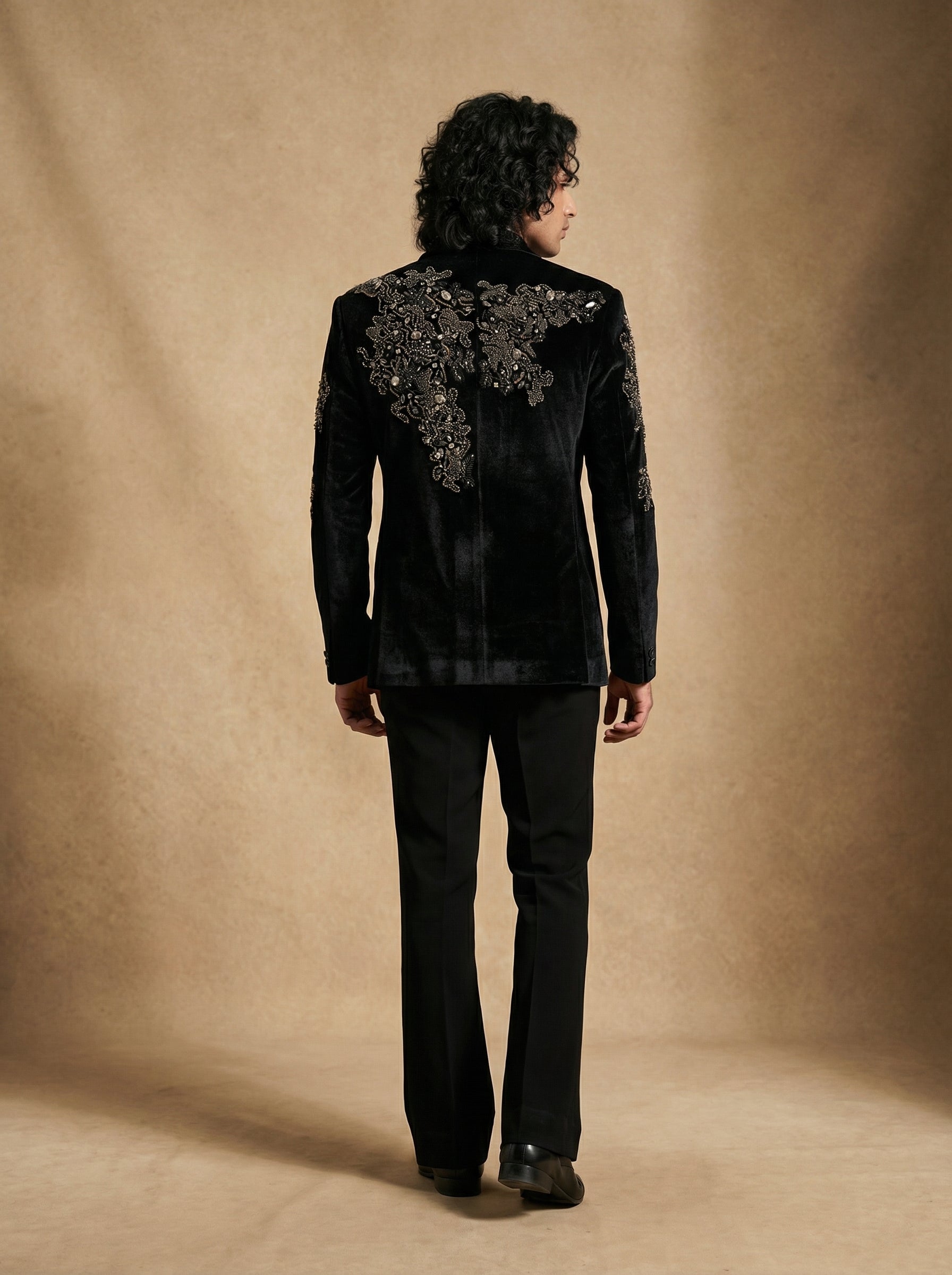 Velvet hand embroidered tuxedo with gemstone