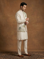 Hand Painted Embroidered Silk Kurta Pajama Waistcoat Set