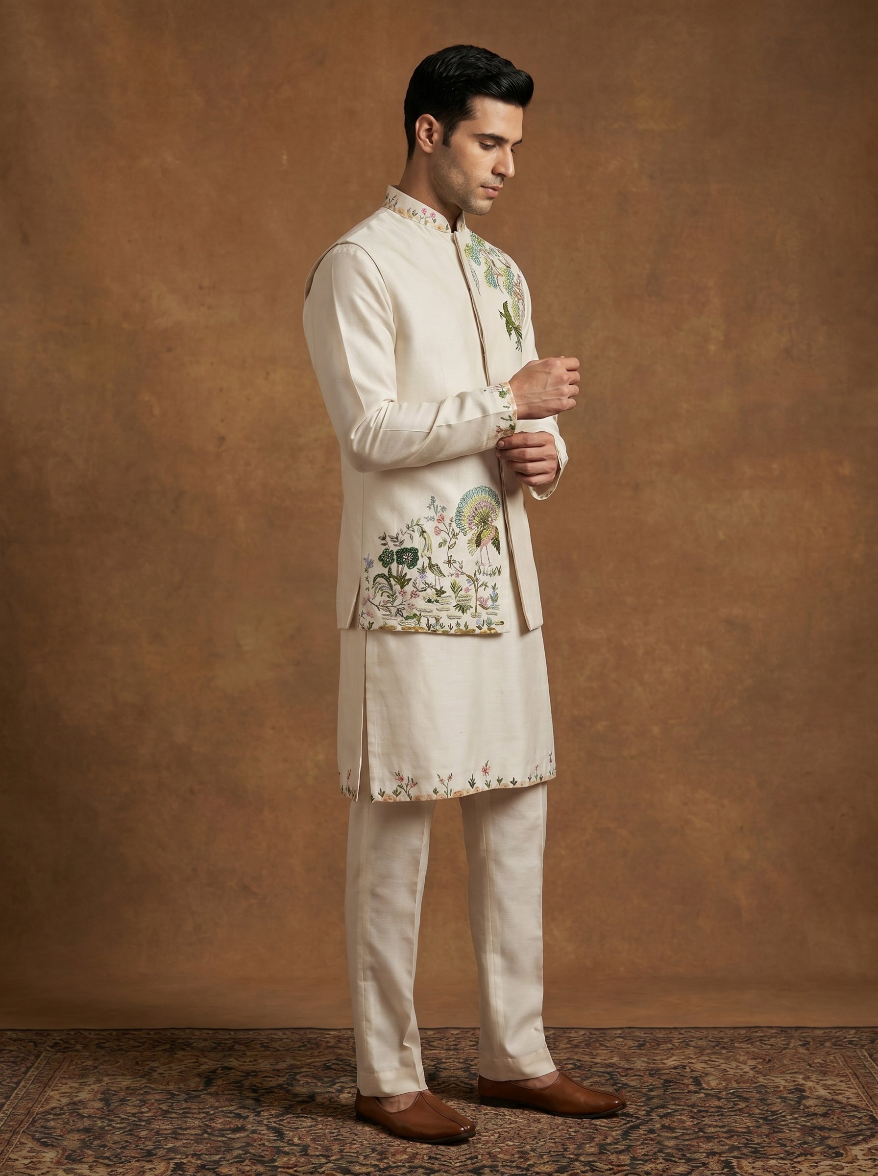 Hand Painted Embroidered Silk Kurta Pajama Waistcoat Set