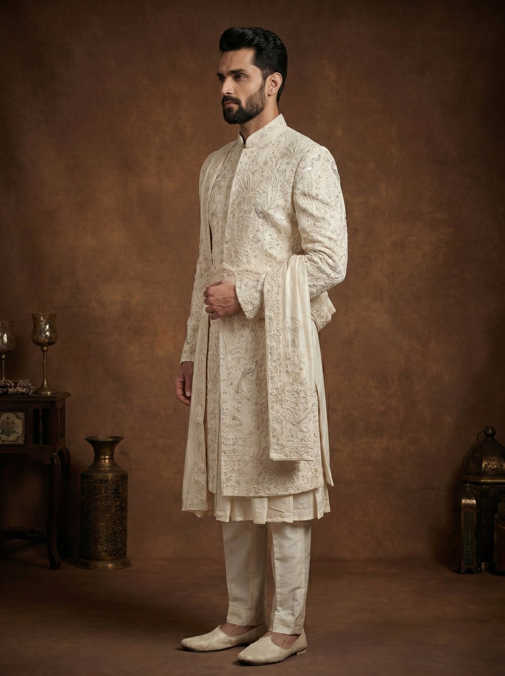 Ivory Silk Sherwani With Hand Embroidery