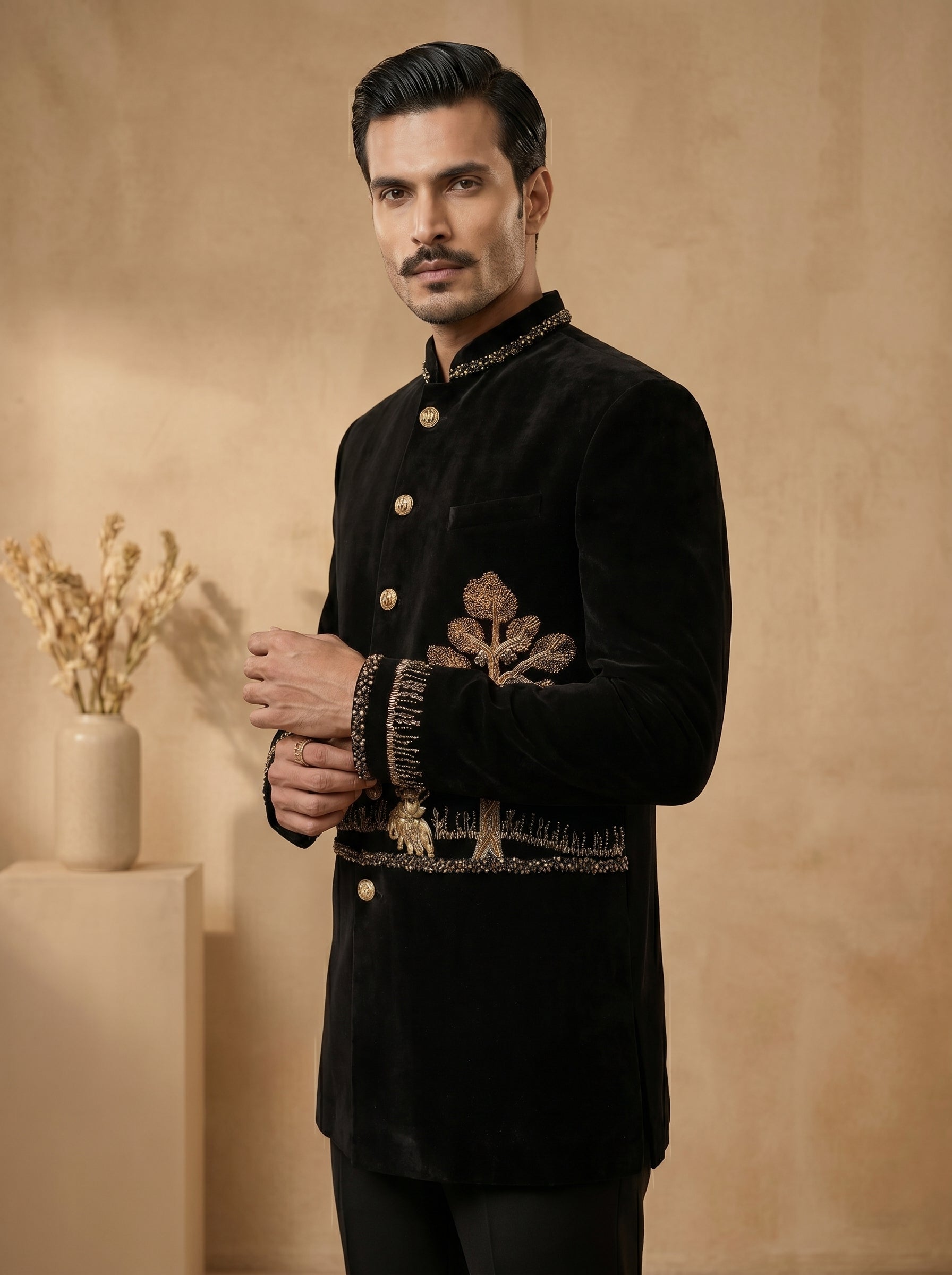 Black silk velvet hand embroidered with metal broach and buttons jodhpuri