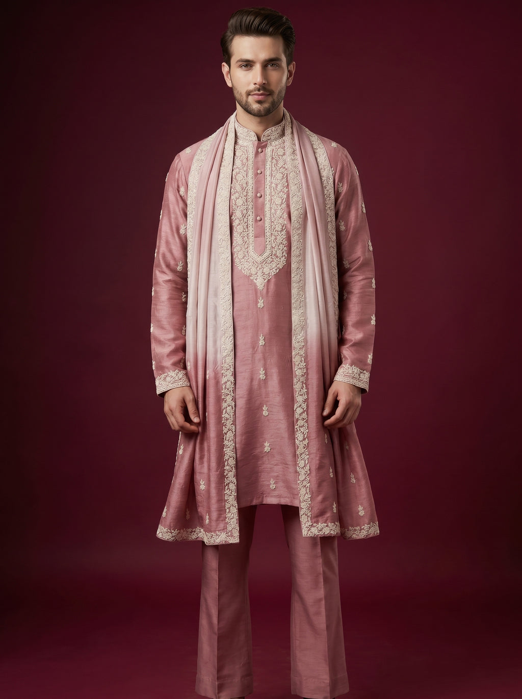 Silk Embroidered Kurta Pajama with Off White Bell Bottom