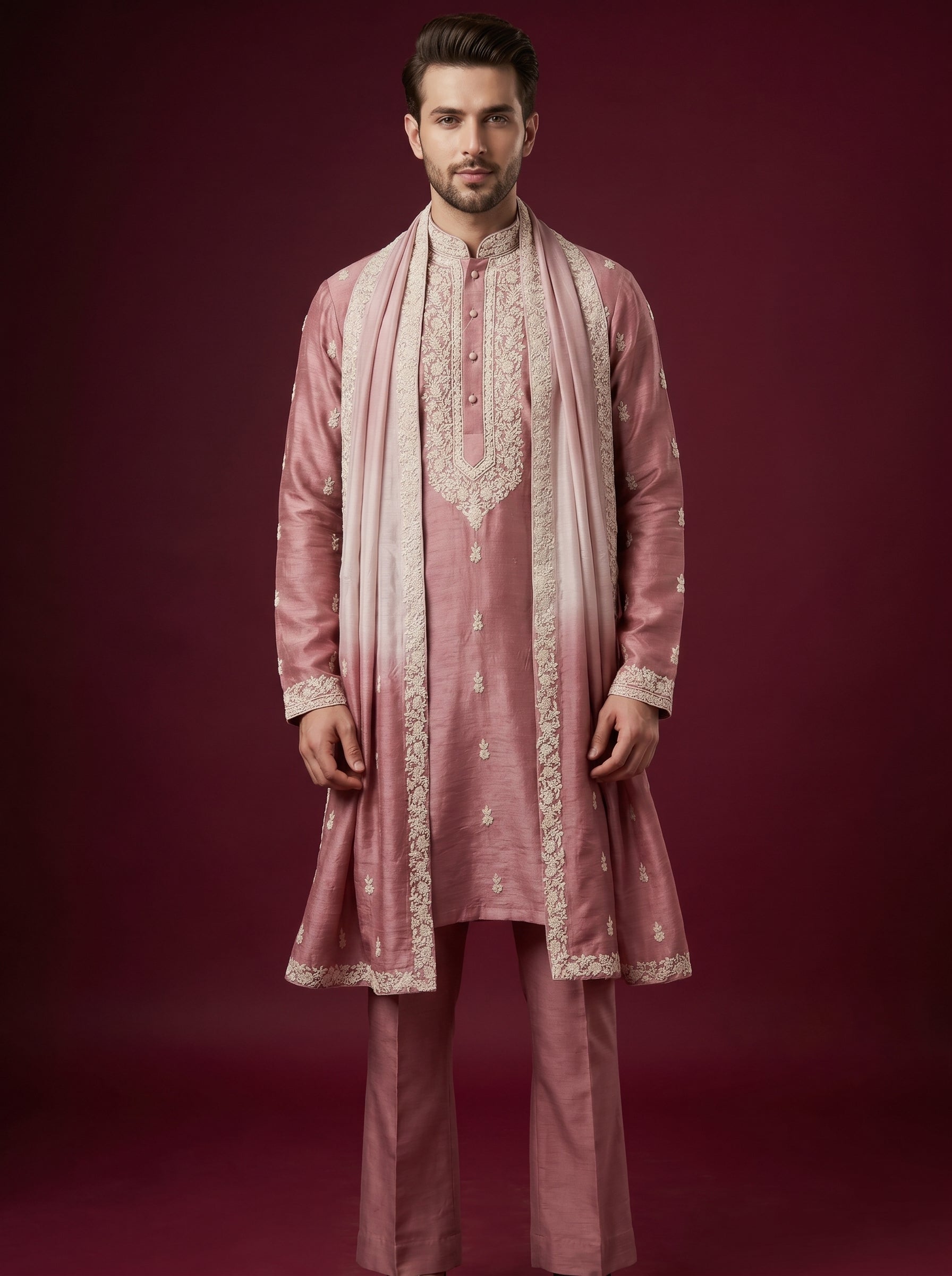 Silk Embroidered Kurta Pajama with Off White Bell Bottom