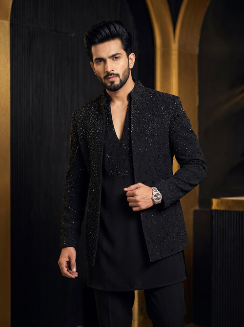 Hand Embroidered Front open Indo western with v neck kurta
