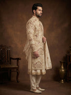 Silk Gold Sherwani With Hand Embroidery