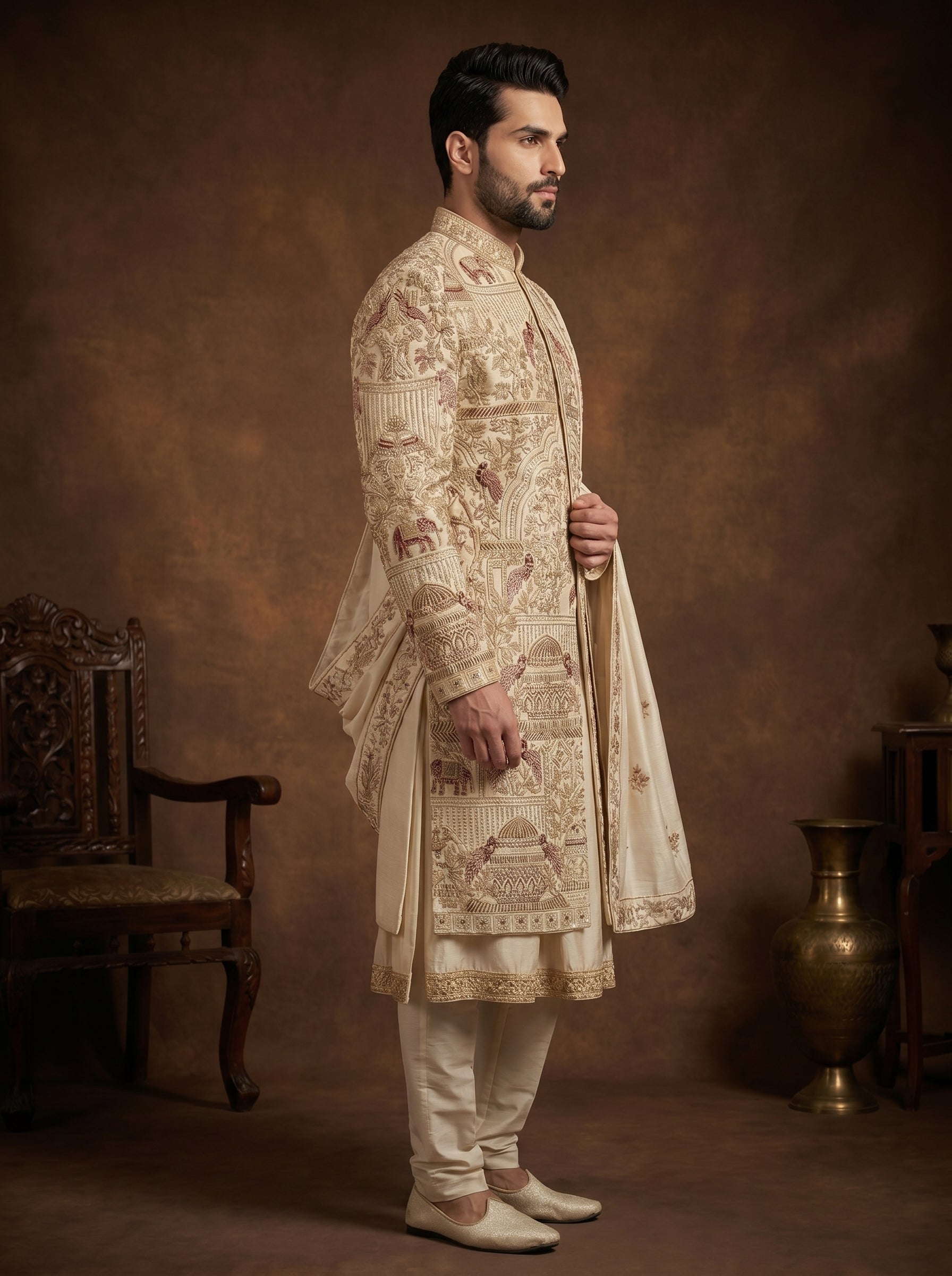 Silk Gold Sherwani With Hand Embroidery