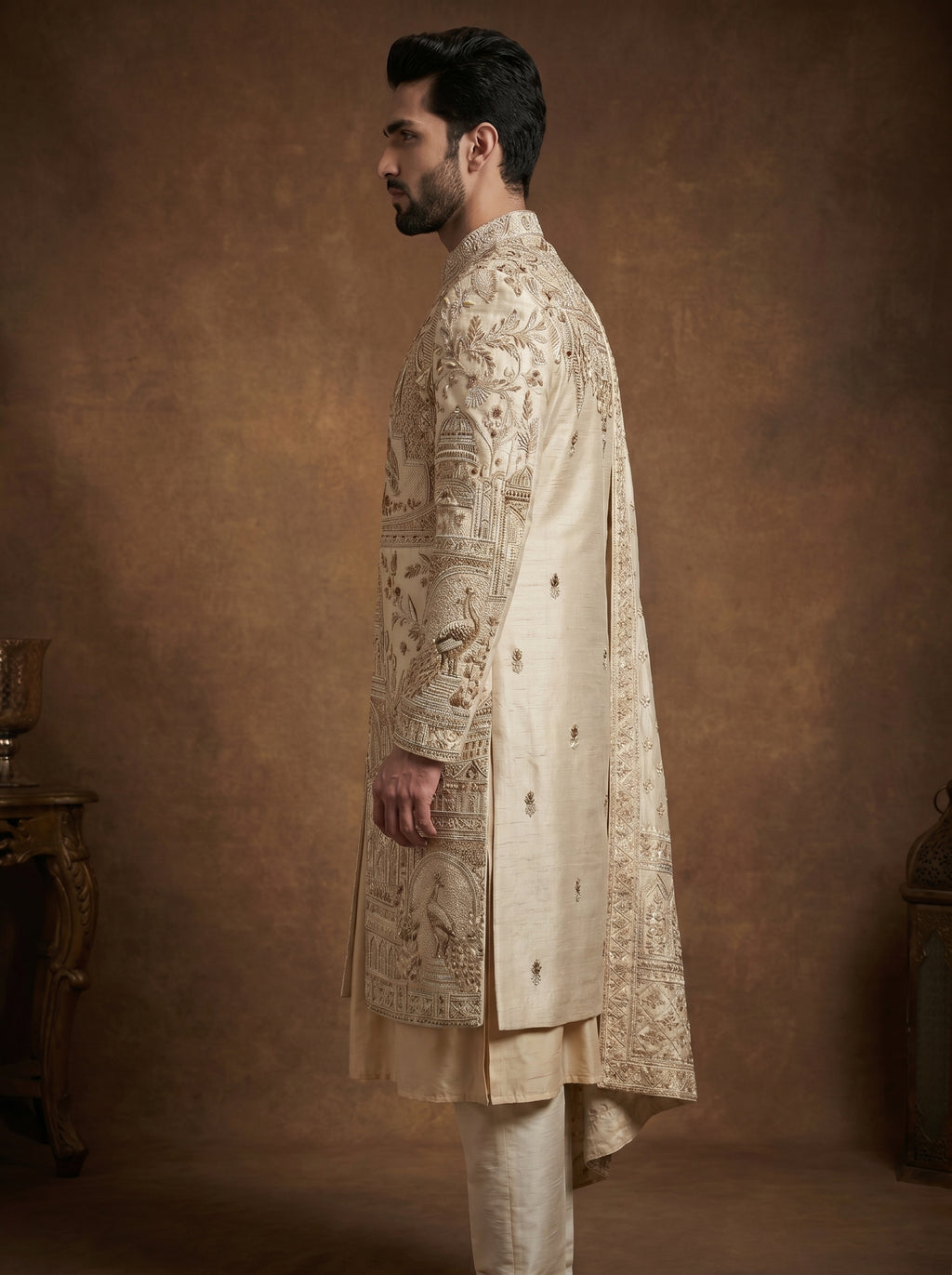 Silk Gold Sherwani With Hand Embroidery