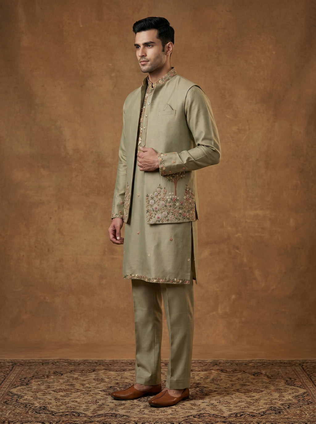 Hand Embroidered Silk Kurta Pajama Waistcoat Set