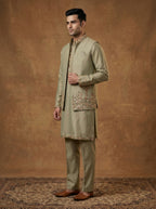 Hand Embroidered Silk Kurta Pajama Waistcoat Set