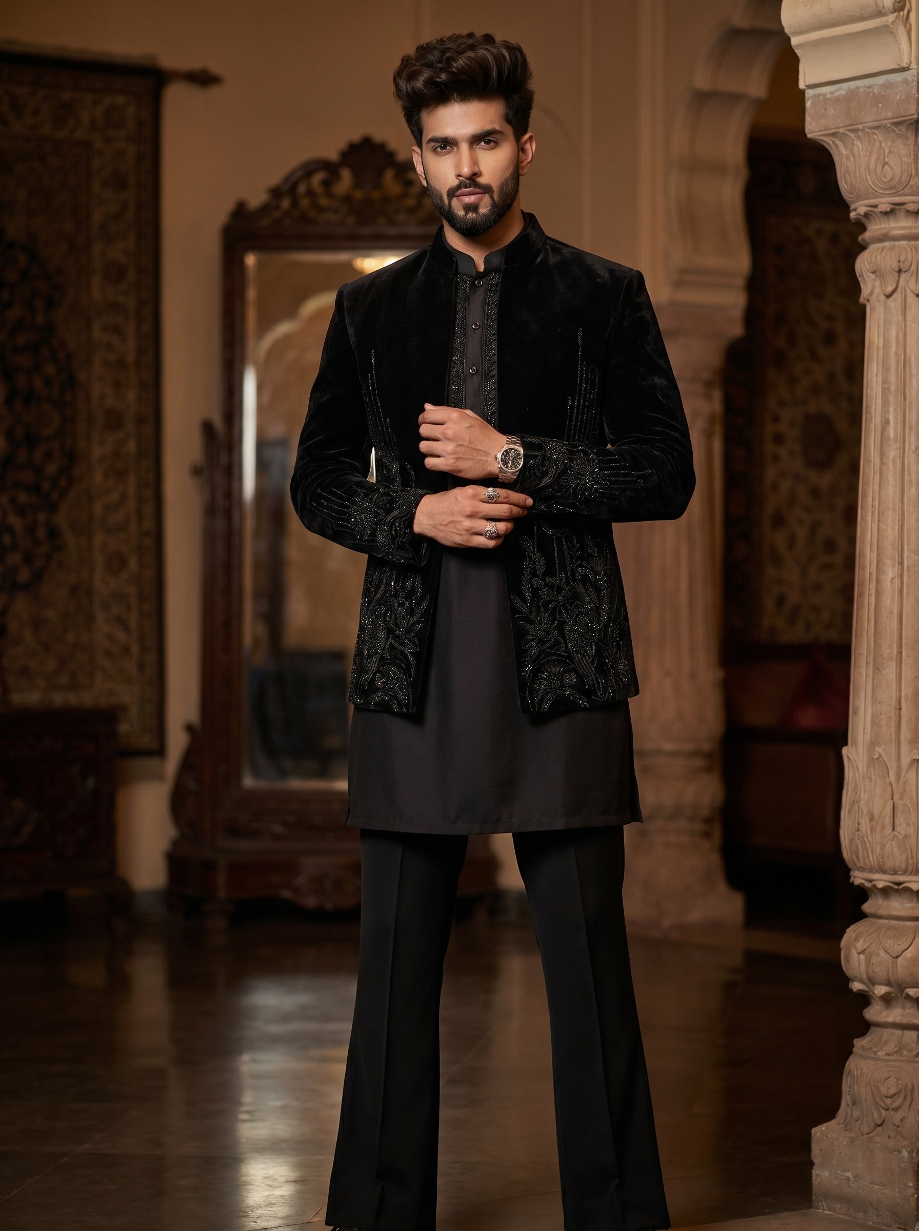Black velvet embroidered indowestern with hand work
