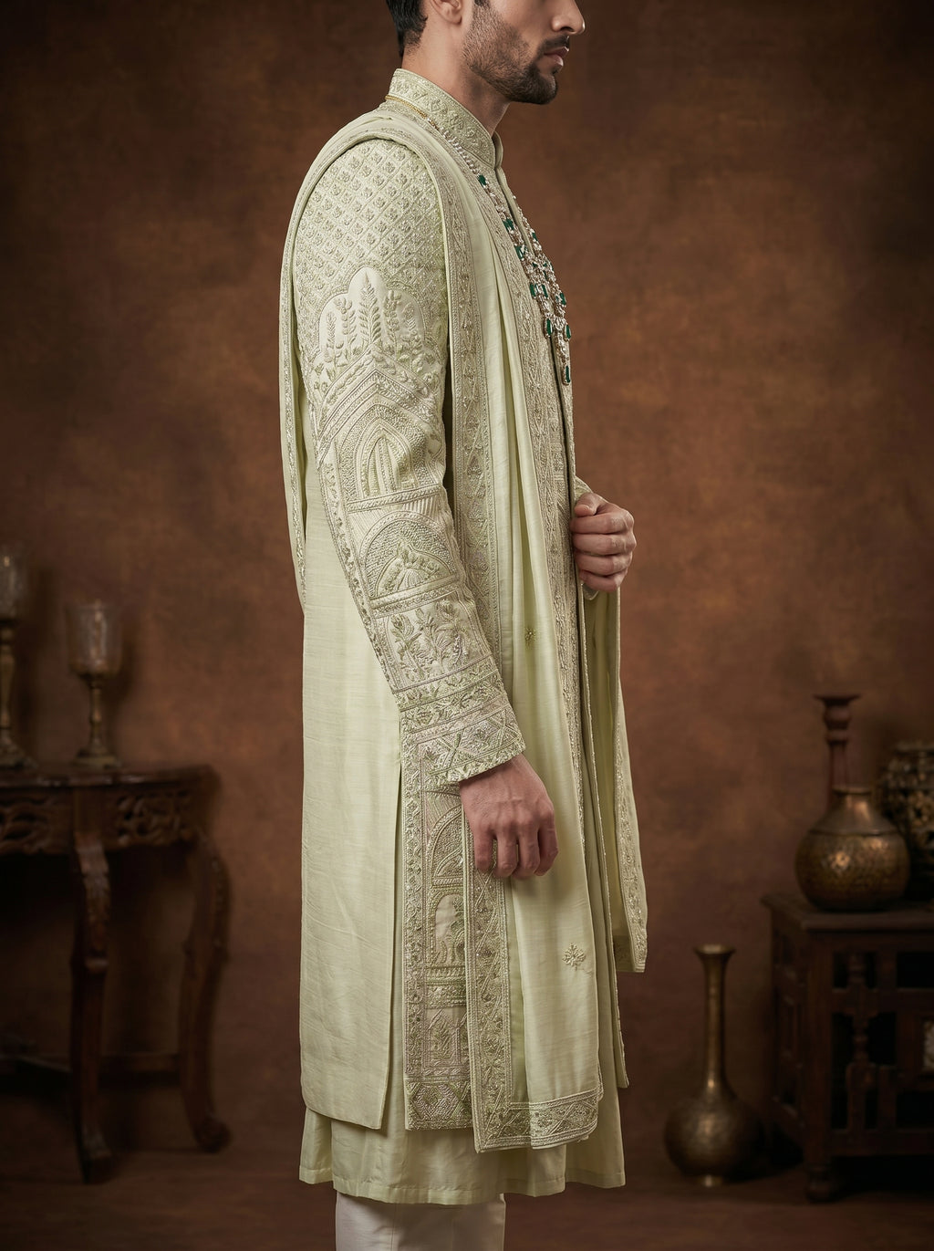 Silk Pista Sherwani With Hand Embroidery