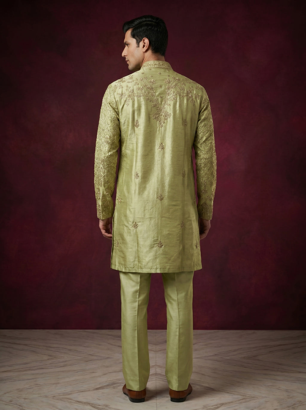 Tissue Fabric Hand Embroidered Kurta Pajama with Off White Bell Bottom