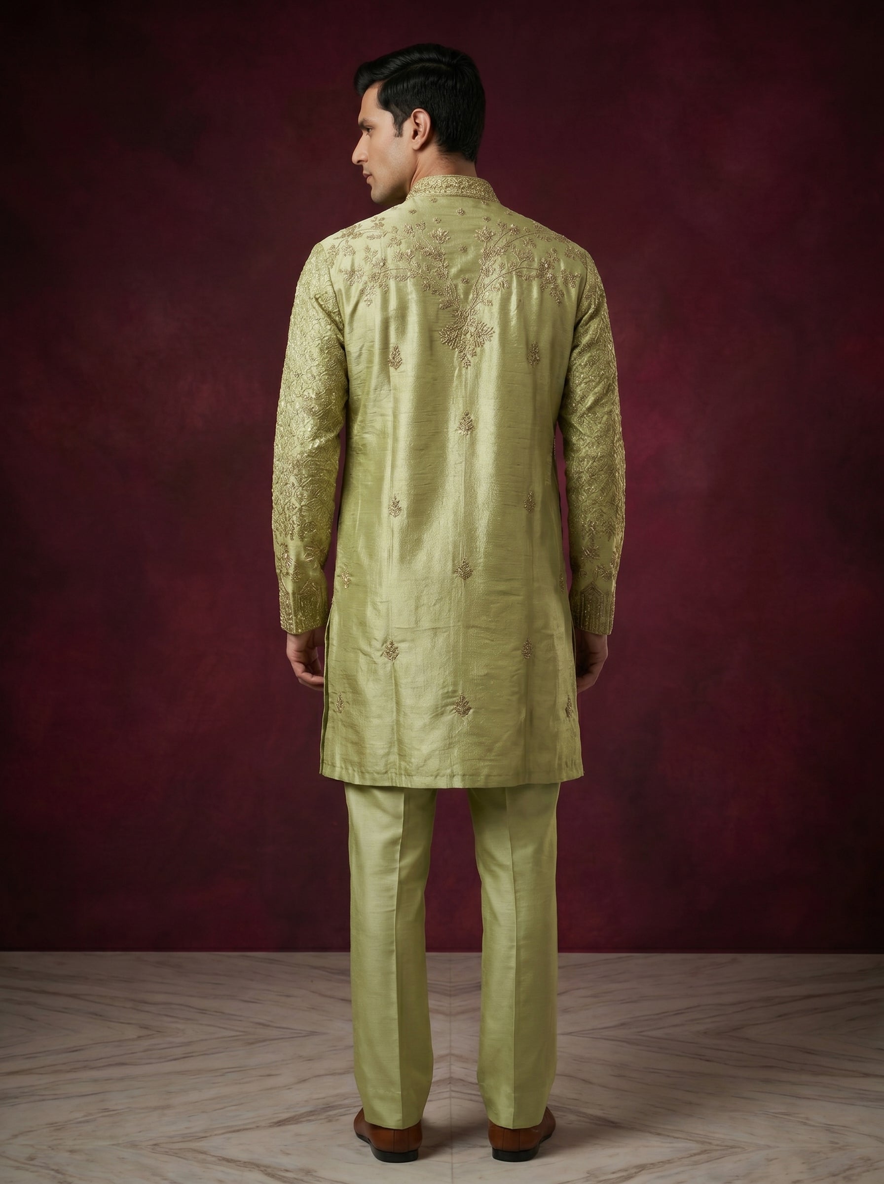 Tissue Fabric Hand Embroidered Kurta Pajama with Off White Bell Bottom