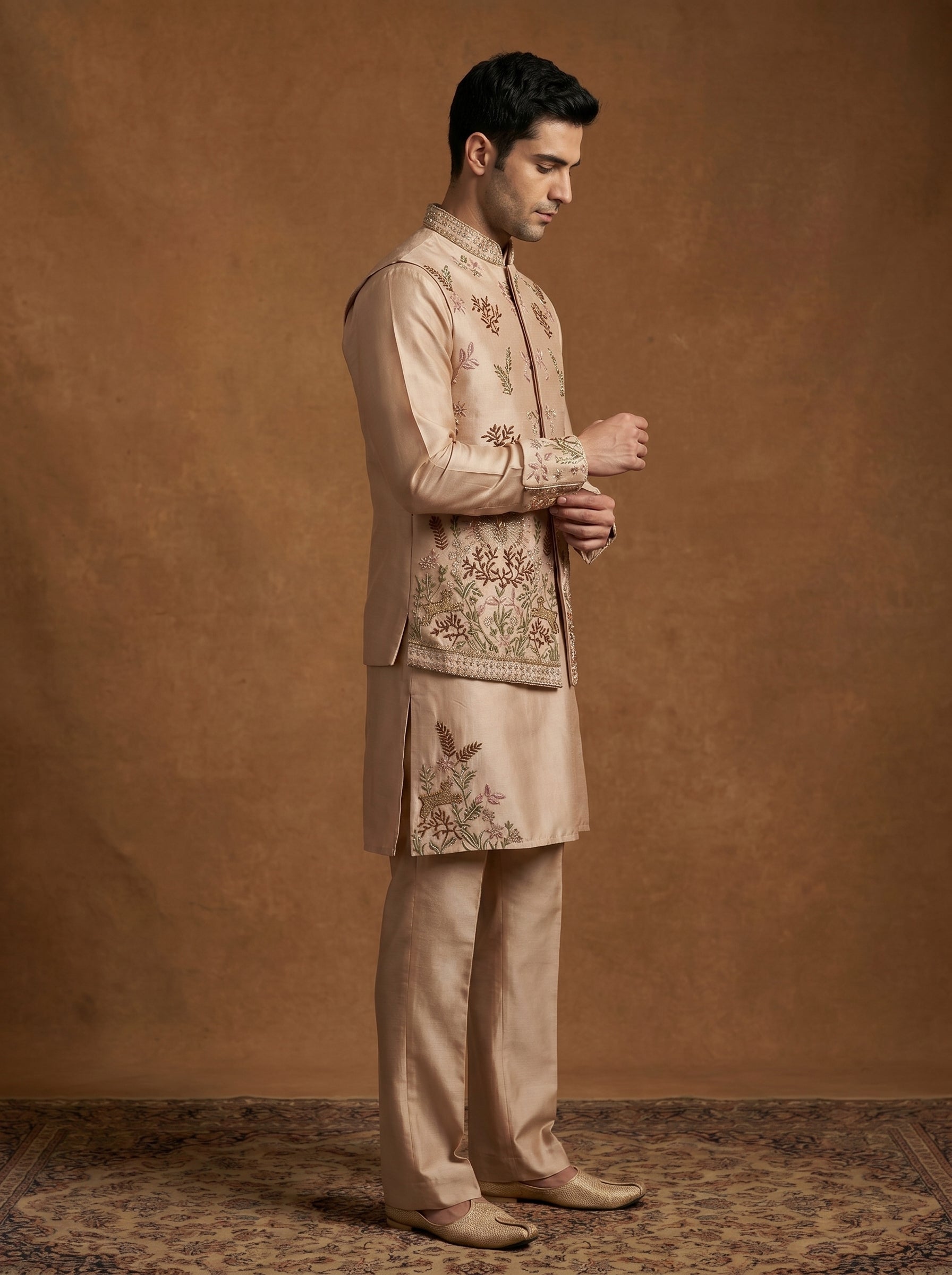 Hand Embroidered Silk Kurta Pajama Waistcoat Set
