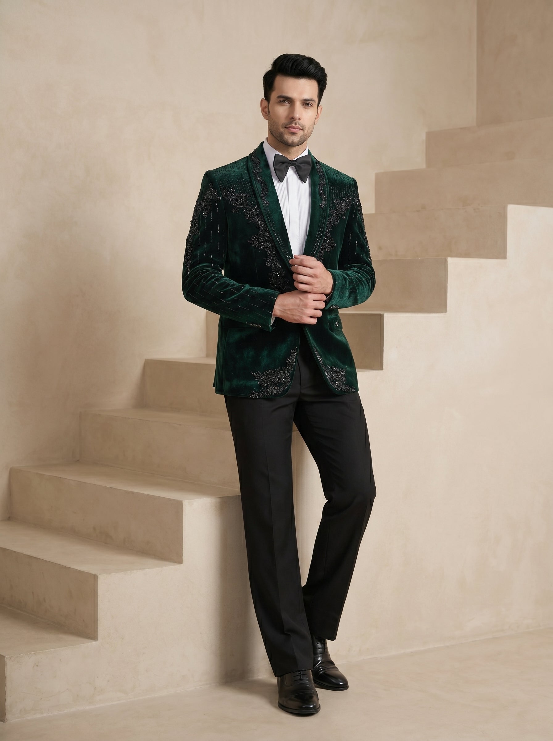 Green Velvet Hand Embroidered Tuxedo