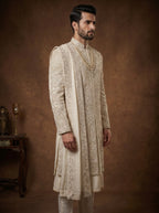 Cream Silk Sherwani With Hand Embroidery
