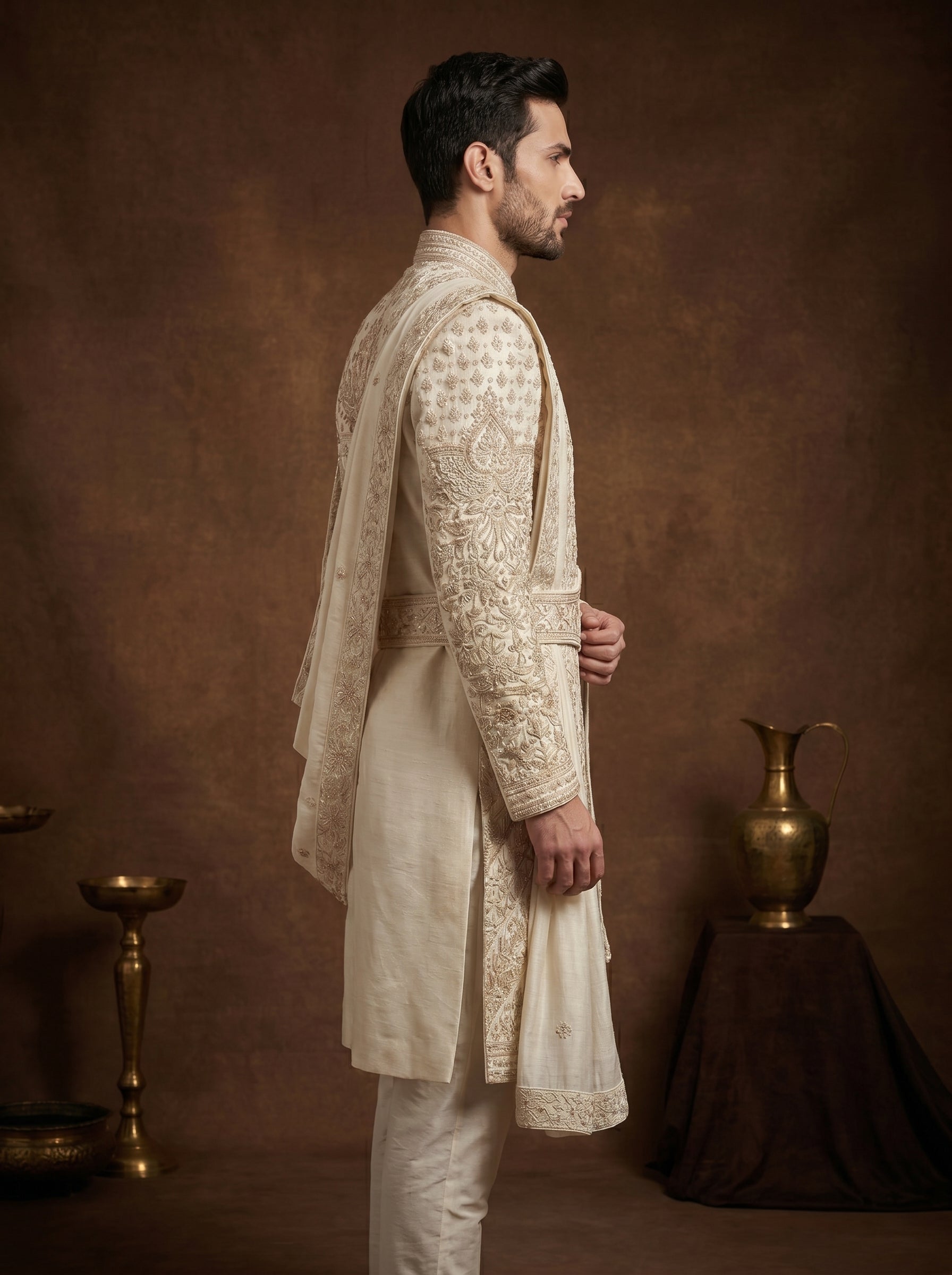 Ivory Silk Sherwani With Hand Embroidery