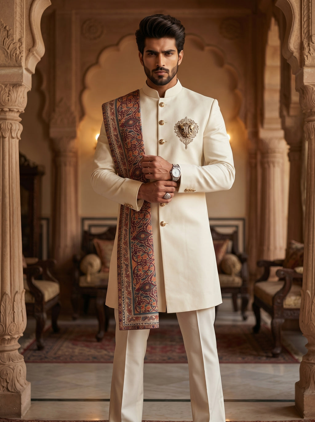 Ivory velvet achkan with hand embroidered and metal broach with stall